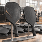 Premium and standard carbon fiber pickleball paddles displayed with organized wholesale inventory for bulk pricing comparison