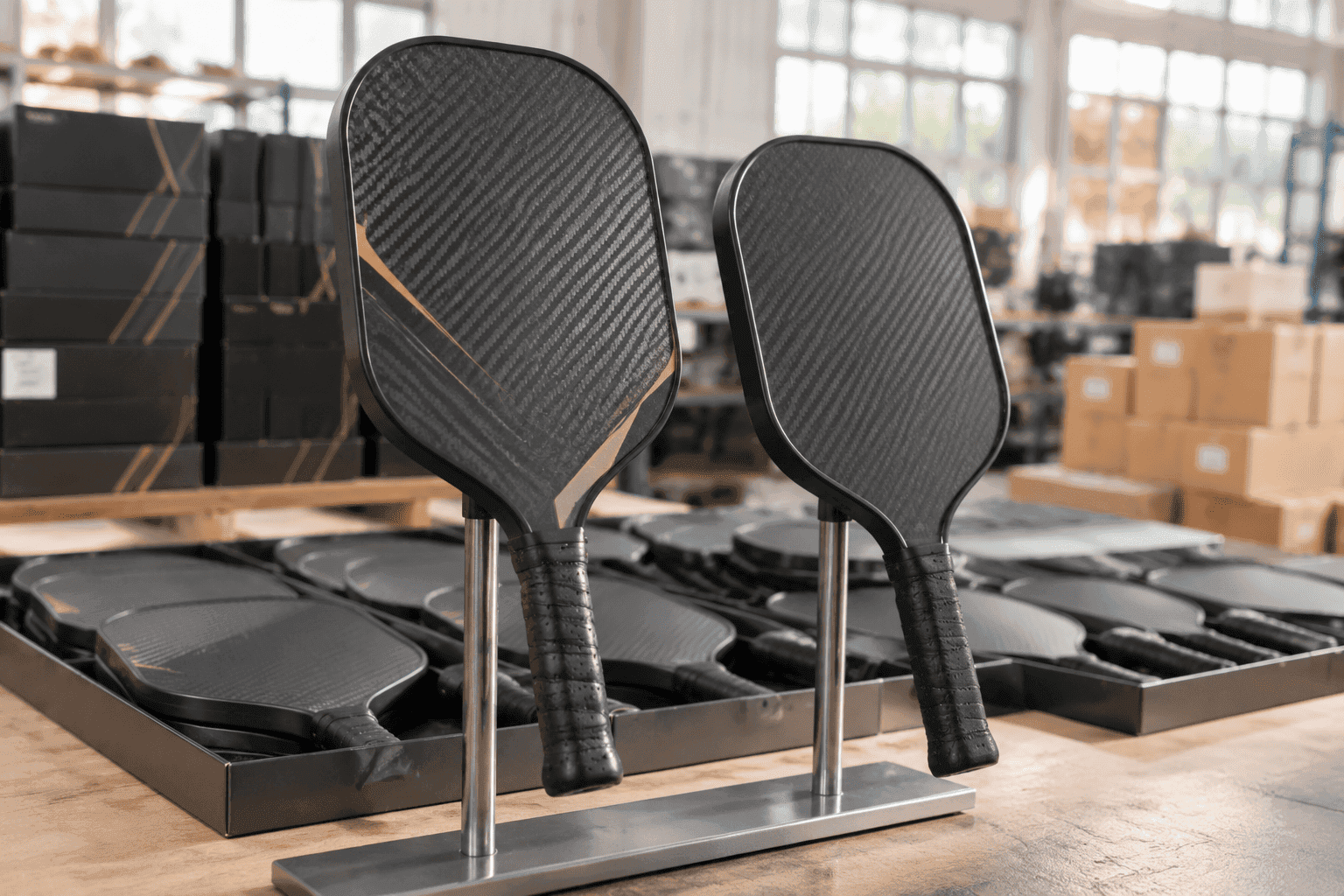 Premium and standard carbon fiber pickleball paddles displayed with organized wholesale inventory for bulk pricing comparison