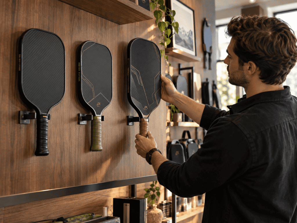 Three carbon fiber pickleball paddle models showing the progression from private label to limited customization and full OEM development