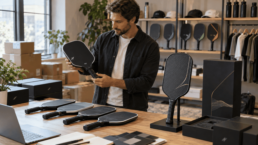 private-label-vs-oem-pickleball-paddles Brand owner comparing a standard private label pickleball paddle with a distinctive full custom OEM carbon fiber paddle